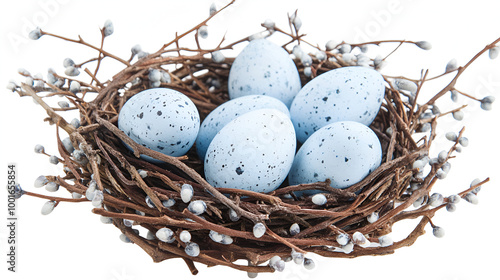 A watercolor bird nest with soft brown twigs and blue eggs isolated on white background ready to bring joy to any space , cartoon drawing, water color style photo