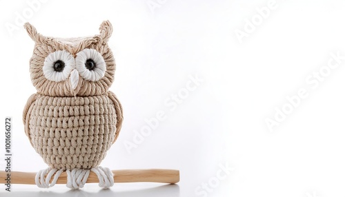 Hanging owl Macrame is a form of textile produced using knotting rather than weaving or knitting techniques. Popular in the 1970s and 1980s. Isolated on white background with copy space