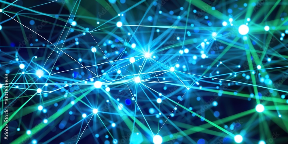Bright interconnected network of glowing blue and green nodes symbolizing neural pathways and data transmission Bright interconnected network of glowing blue and green nodes symbolizing neural pathways and data transmission