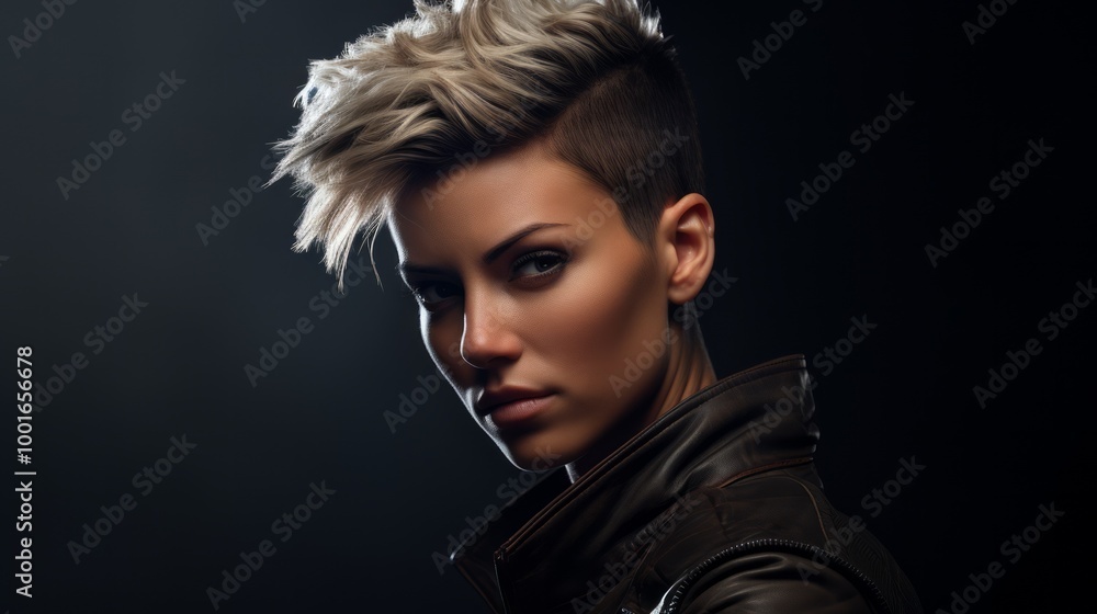 Fashionable lgbt woman with short hair style on dark background. Neural network ai generated art Fashionable lgbt woman with short hair style on dark background. Neural network ai generated art