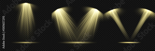 Set of Spotlight isolated on transparent background. Light effect with gold rays. Light sources, concert lighting, stage spotlights. Shine vertical theater projector beam template for design. Vector.