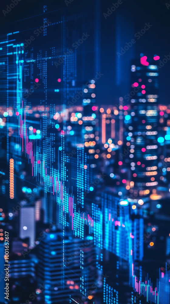 Defocused cityscape at night with a superimposed financial chart featuring glowing lines Defocused cityscape at night with a superimposed financial chart featuring glowing lines