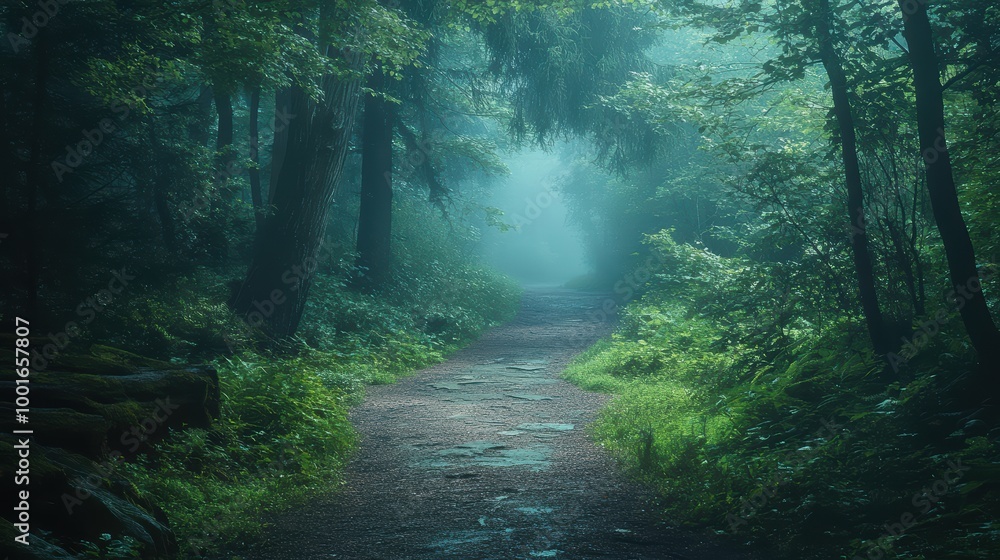 Fototapeta premium Misty Forest Path to a Hidden Sanctuary