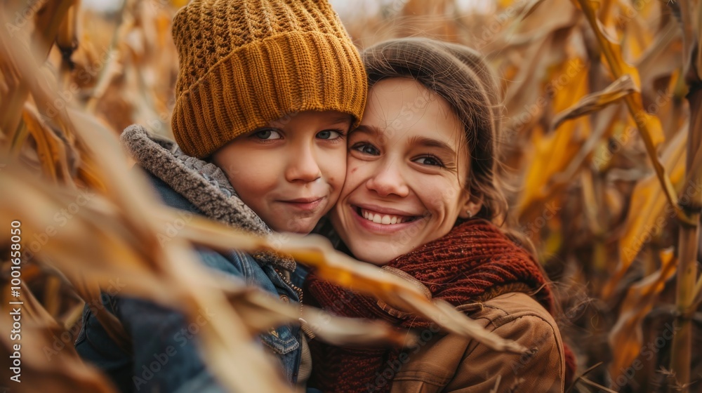 Obraz premium Mother and her child navigating through a tall corn maze, laughing as they try to find their way out on a crisp autumn afternoon , woman and kid Autumn Corn Maze Adventure concept image