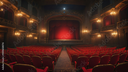 An opulent theater or opera house. The balconies are ornately decorated with chandeliers and sconces.