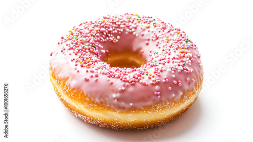 A watercolor donut with pink frosting and sprinkles, soft shadows isolated on white background ready to bring joy to any space , cartoon drawing, water color style