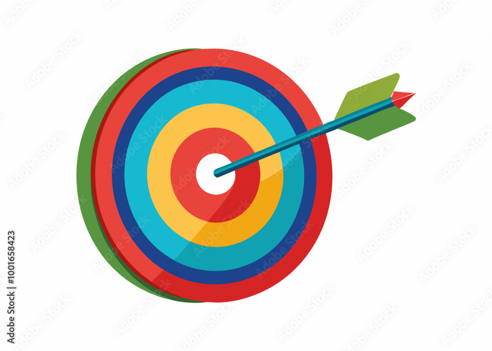 A colorful illustration of an archery target with an arrow hitting the bullseye. This simple graphic is perfect for representing success, accuracy, and achieving goals. A colorful illustration of an archery target with an arrow hitting the bullseye. This simple graphic is perfect for representing success, accuracy, and achieving goals.