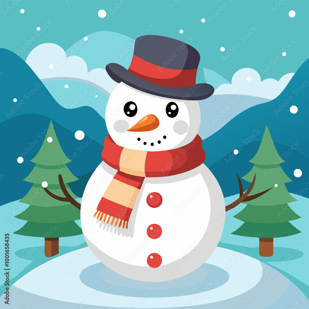 A cheerful snowman with a red scarf and a black hat, standing in a snowy landscape with two pine trees. This adorable illustration is perfect for winter holidays, greeting cards. A cheerful snowman with a red scarf and a black hat, standing in a snowy landscape with two pine trees. This adorable illustration is perfect for winter holidays, greeting cards.