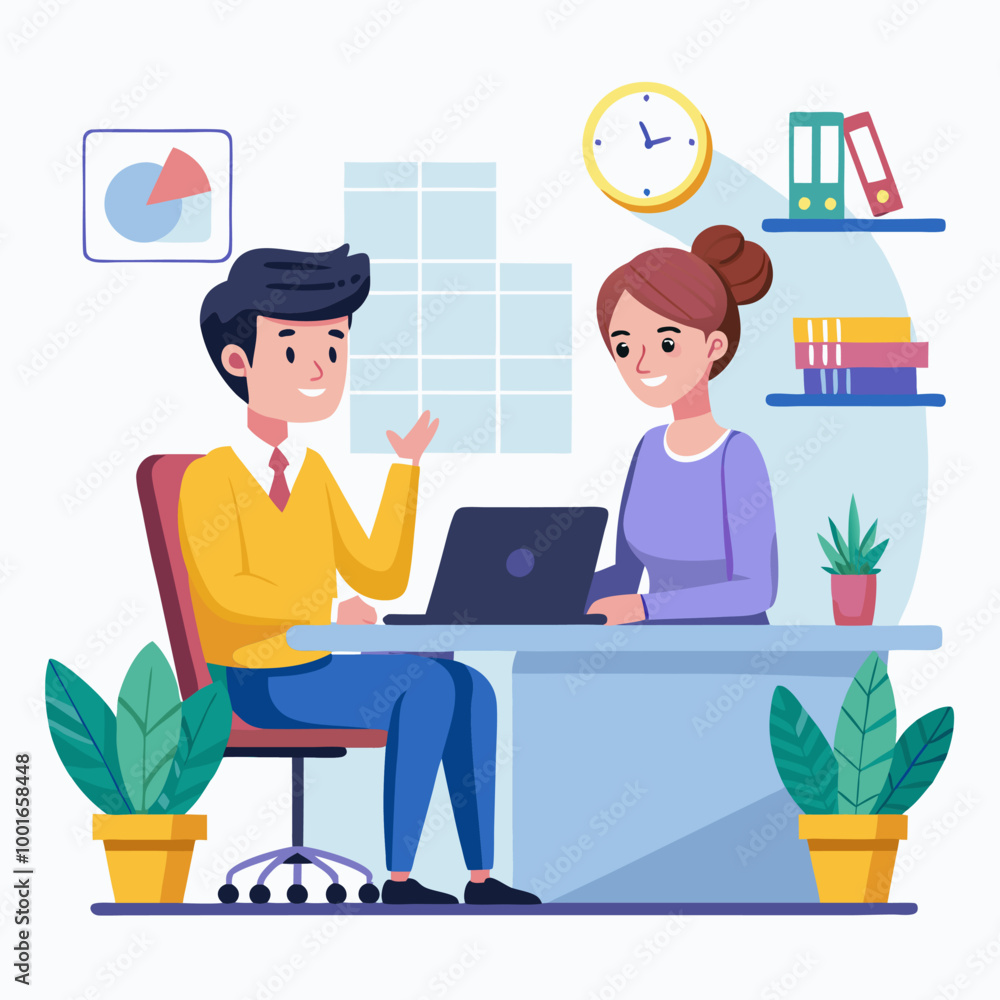 A cheerful illustration depicting two colleagues in a business meeting. The man is gesturing enthusiastically, while the woman listens intently with a smile. A cheerful illustration depicting two colleagues in a business meeting. The man is gesturing enthusiastically, while the woman listens intently with a smile.