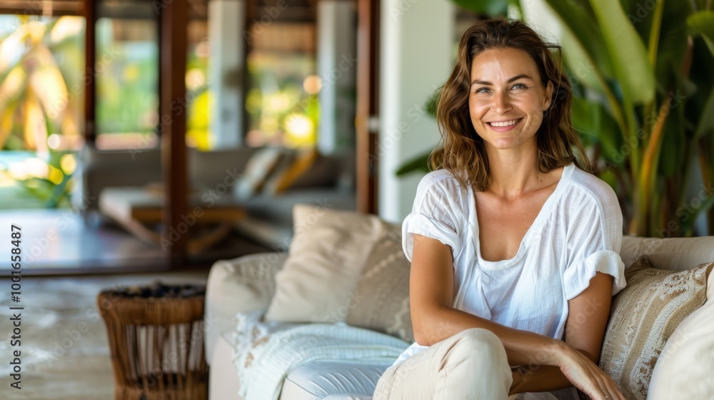 Portrait of a pretty caucasian young woman relaxing on a luxury sofa on outdoor patio living room and enjoying summertime on her terrace Portrait of a pretty caucasian young woman relaxing on a luxury sofa on outdoor patio living room and enjoying summertime on her terrace