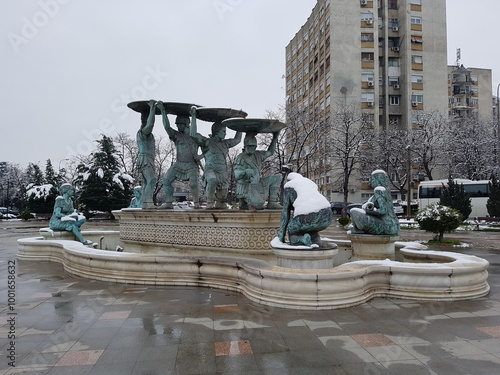 Monument of Macedonian phalanx holding their shields photo