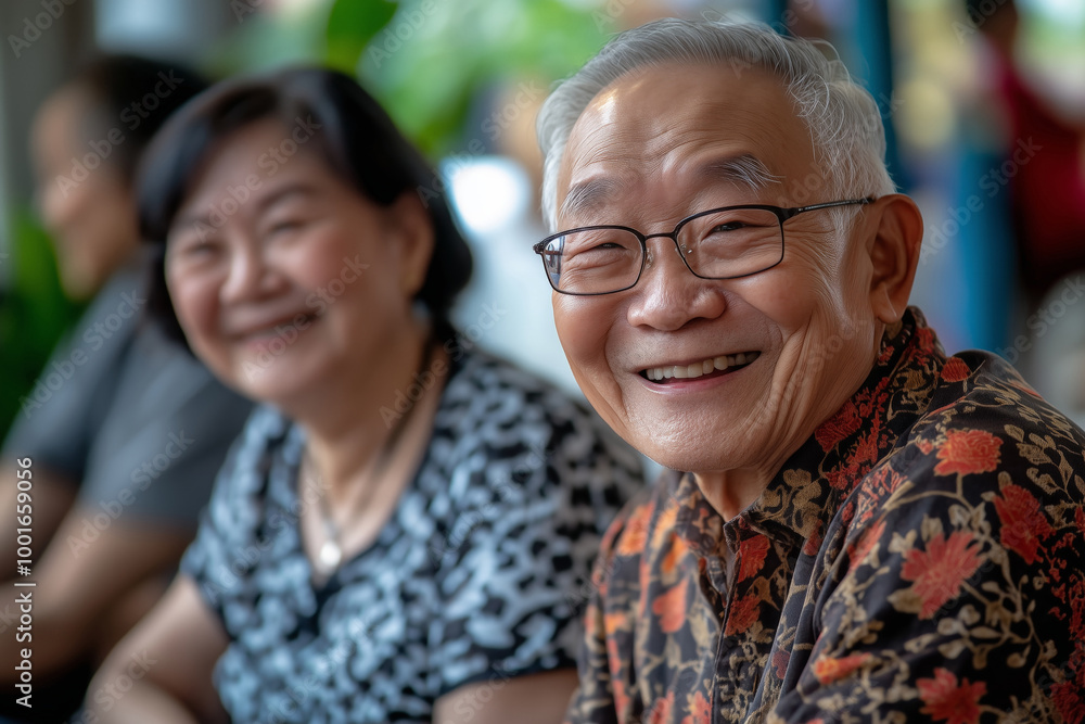 An elderly man with glasses, smiling warmly, with his wife, at a vibrant social gathering among friends. Happy Asian senior couple enjoying a warm conversation at a cozy gathering An elderly man with glasses, smiling warmly, with his wife, at a vibrant social gathering among friends. Happy Asian senior couple enjoying a warm conversation at a cozy gathering