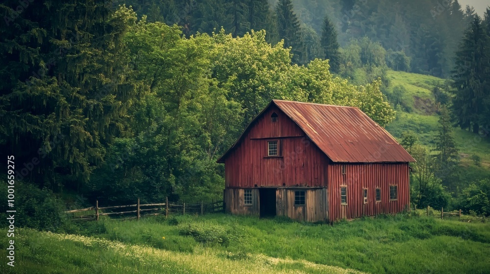 Fototapeta premium Rustic barn surrounded by picturesque landscape
