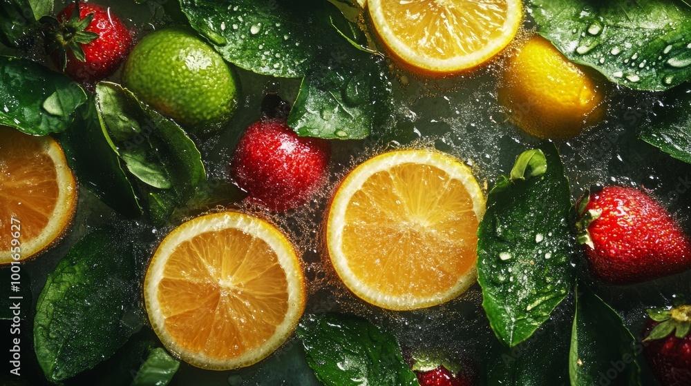 Fresh citrus and strawberries with green leaves in water Fresh citrus and strawberries with green leaves in water