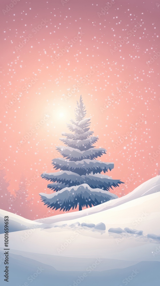 Obraz premium A lone snow-covered pine tree stands peacefully against a pastel sky, embodying winter calm