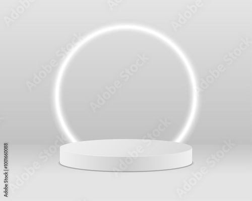 Empty white cylinder podium with shadows on white background. 3d platform or pedestal. Product display stand or showcase. A bright white light illuminates a white podium. Mockup or showroom arena.