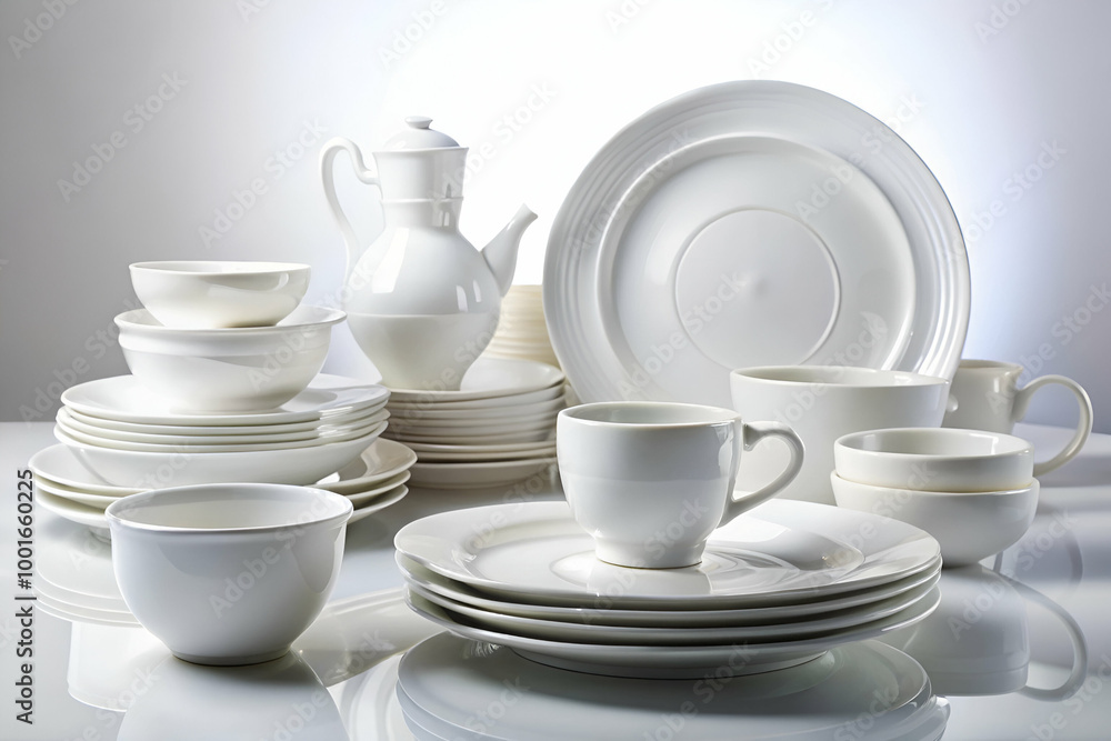 A large collection of white dishes and cups are arranged on a table. The collection includes plates, bowls, cups, and a teapot A large collection of white dishes and cups are arranged on a table. The collection includes plates, bowls, cups, and a teapot