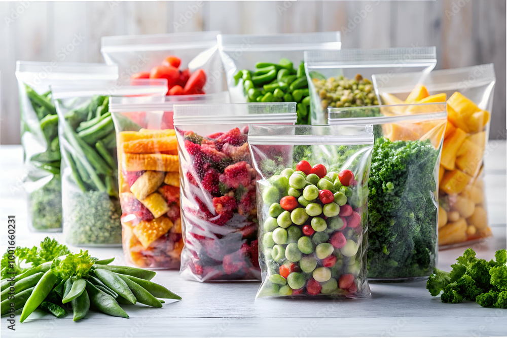 A row of plastic bags filled with various fruits and vegetables. The bags are all different sizes and colors, and they are arranged in a neat row. Concept of abundance and freshness A row of plastic bags filled with various fruits and vegetables. The bags are all different sizes and colors, and they are arranged in a neat row. Concept of abundance and freshness