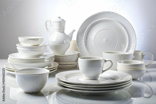 A large collection of white dishes and cups are arranged on a table. The collection includes plates, bowls, cups, and a teapot