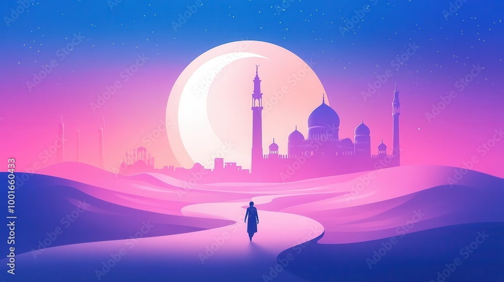 A person strolls towards a mosque illuminated by a crescent moon in soft twilight hues A person strolls towards a mosque illuminated by a crescent moon in soft twilight hues