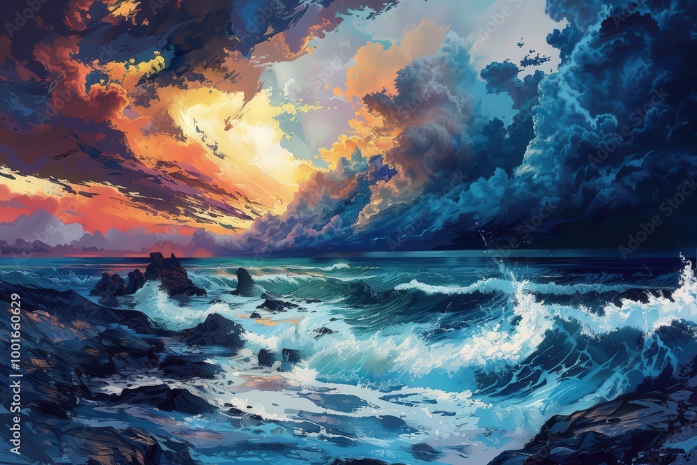 Fototapeta premium A painting of a stormy ocean with a bright sun in the sky, generative ai image