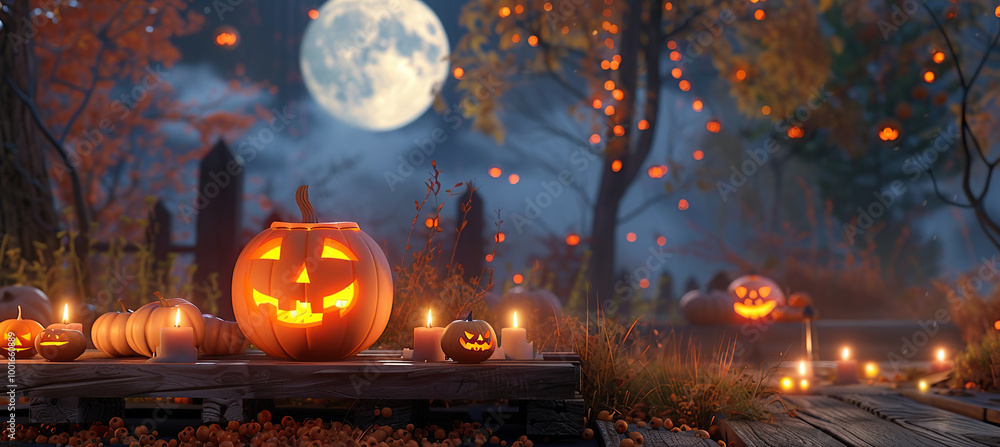 pumpkin graveyard cemetery spooky scary dark night full moon burning candles holiday halloween banner background copy space pumpkin graveyard cemetery spooky scary dark night full moon burning candles holiday halloween banner background copy space