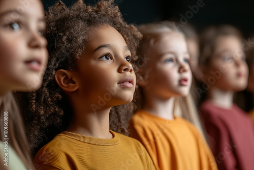 Group of multiracial students performing in a school play