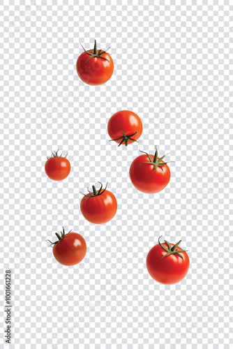 Falling tomato and tomato slice in mid air on a transparent background. AI generated