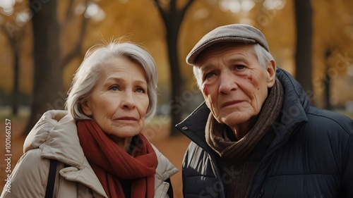 An older couple looking worried are walking in the park during the fall season