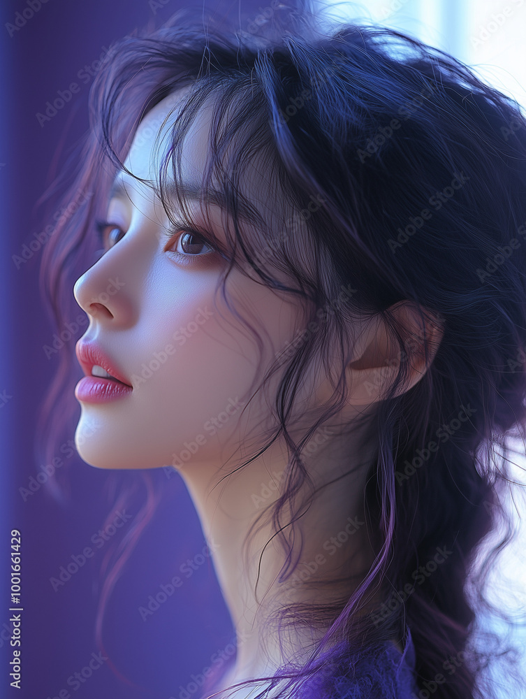 Naklejka premium A Korean woman with elegant features poses gracefully in soft purple light by a window in a stylish indoor setting