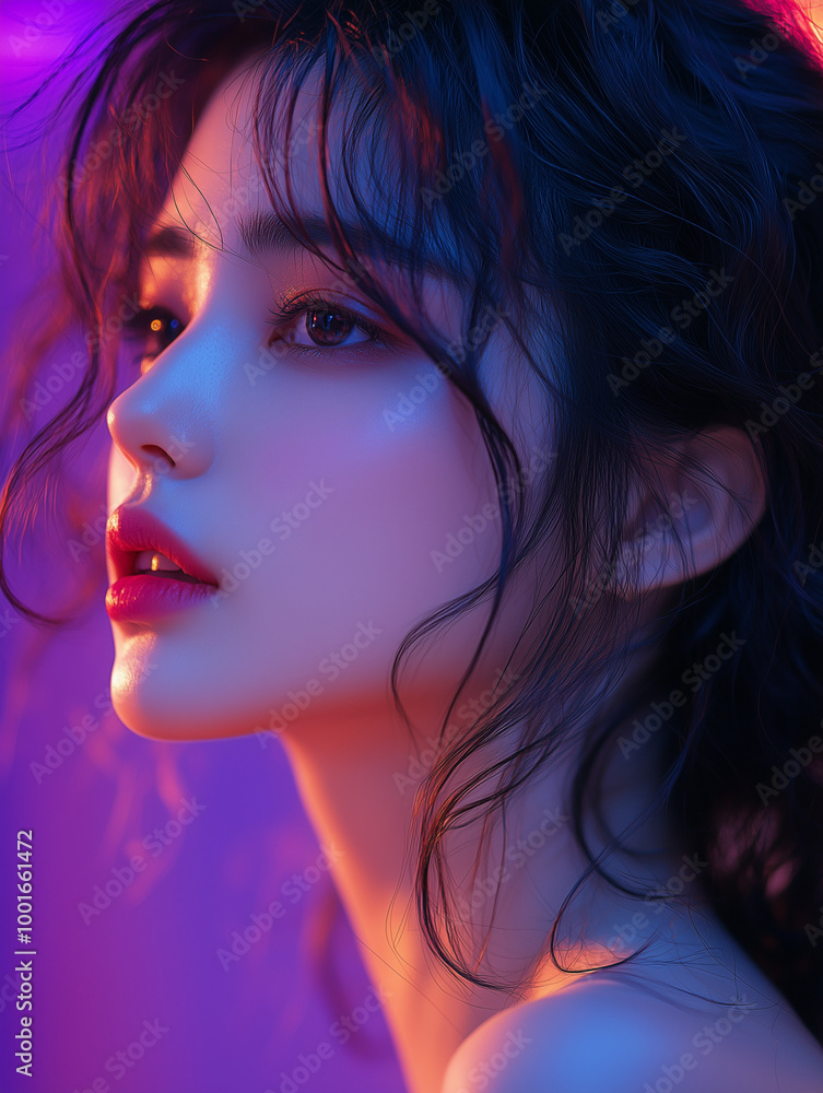 A young Korean woman with soft features poses elegantly against a vibrant background with colorful lighting A young Korean woman with soft features poses elegantly against a vibrant background with colorful lighting