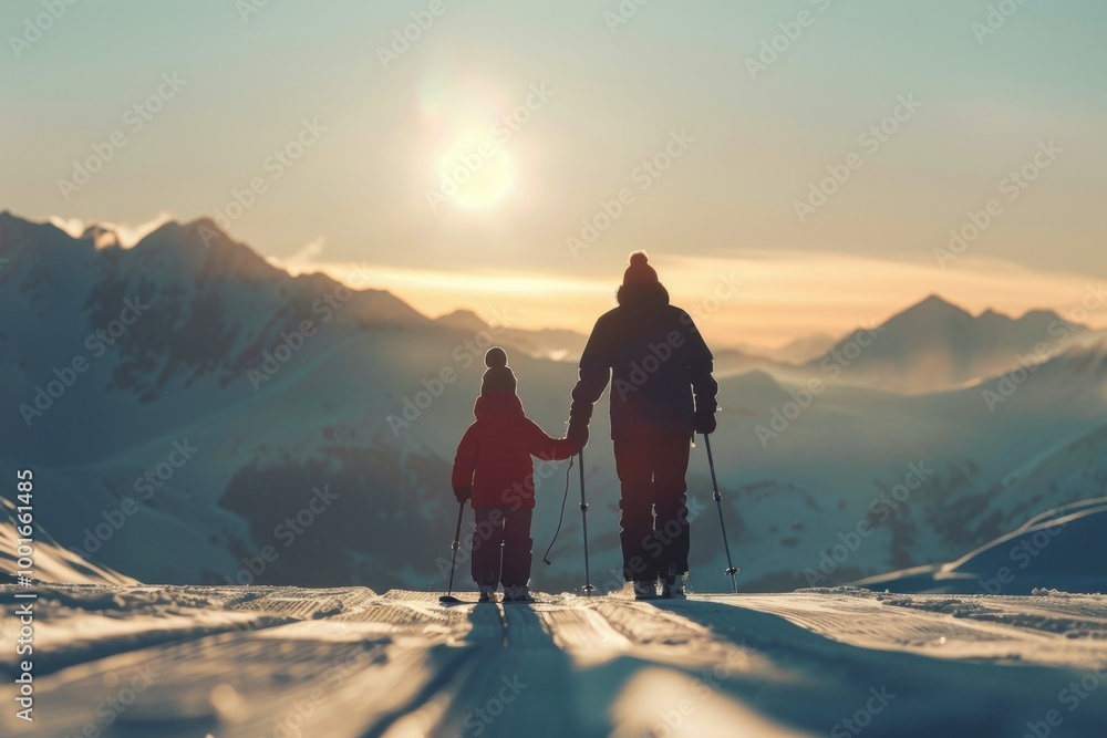 Fototapeta premium Father and Child Skiing Together on a Snowy Mountain