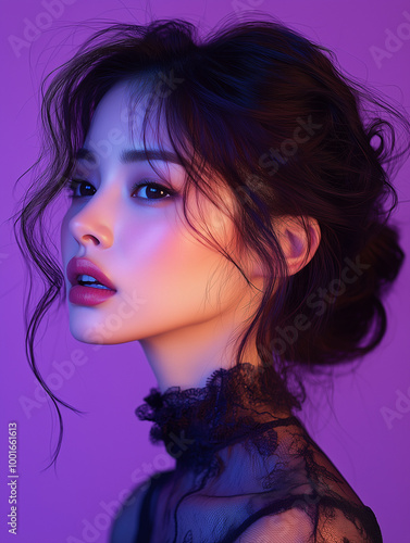 Elegant Korean woman with flowing hair poses gracefully against a vibrant purple backdrop during a stylish photoshoot