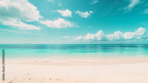 Wallpaper Mural A sunny beach paradise with soft sand, clear blue water, and a bright sky filled with fluffy clouds, perfect for a relaxing summer vacation Torontodigital.ca