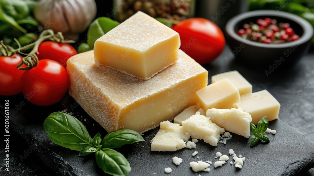 Parmesan cheese and fresh ingredients on black table in culinary setting