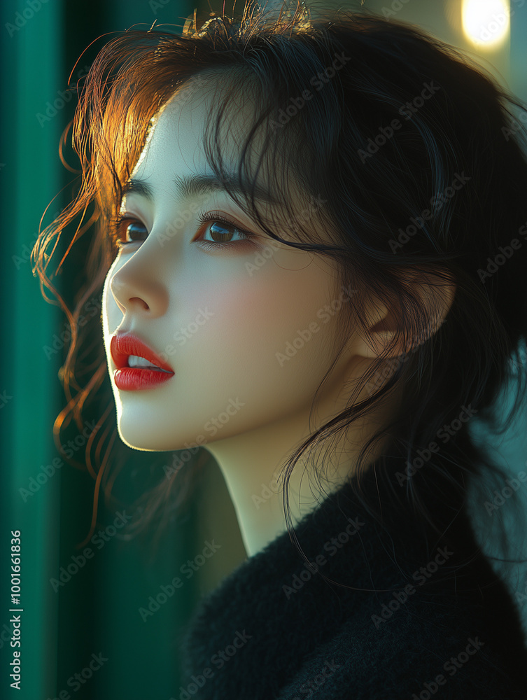 Fototapeta premium A Korean woman with flowing hair and striking red lips gazes thoughtfully out a window in soft natural light, capturing a serene moment