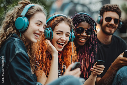 Friends sharing playlists and discovering new music together photo