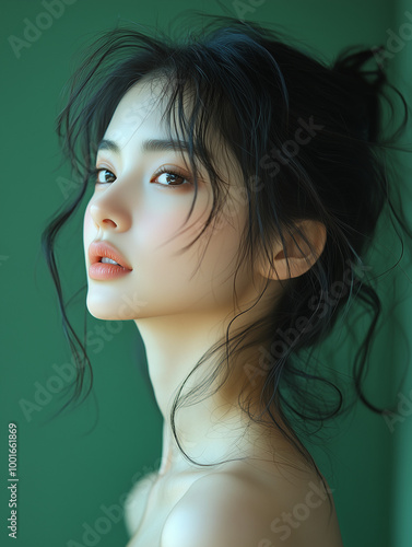 Korean woman with elegant hairstyle poses against a green backdrop, showcasing natural beauty in soft lighting