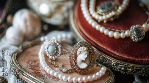 Highlight delicate vintage jewelry, such as cameo brooches, pearl necklaces, and art deco rings. Display these items on a lace-lined vanity or antique jewelry box.