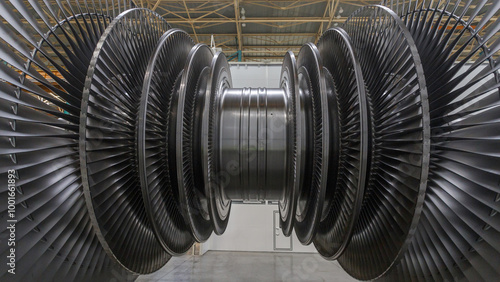 Closeup view of a steam turbine rotor.