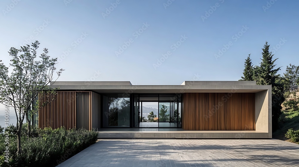 Obraz premium Modern minimalist house exterior with concrete and wood facade