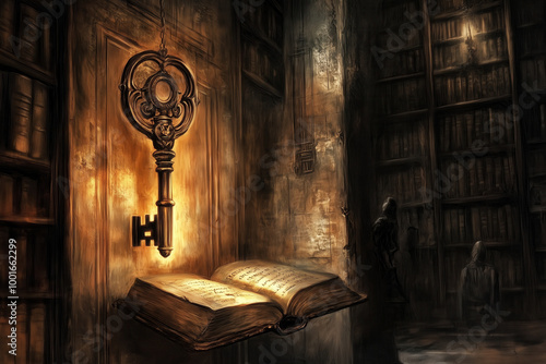 Wallpaper Mural Glowing key and floating ancient book in a dark mysterious library AI generated Torontodigital.ca