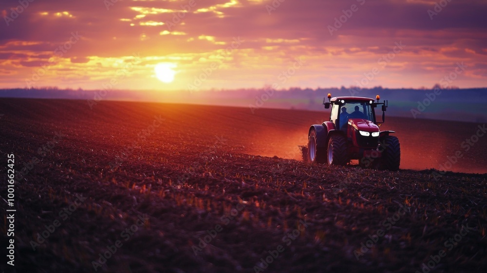 Fototapeta premium Tractor plowing field during planting season. A tractor cultivator cultivates and digs the soil
