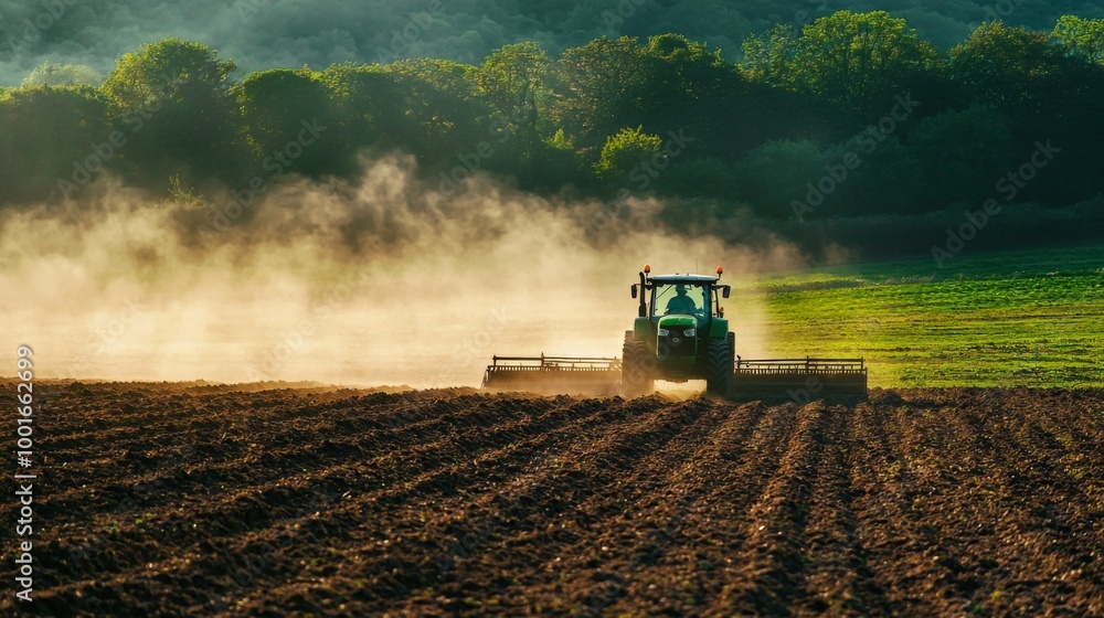 Fototapeta premium Tractor plowing field during planting season. A tractor cultivator cultivates and digs the soil