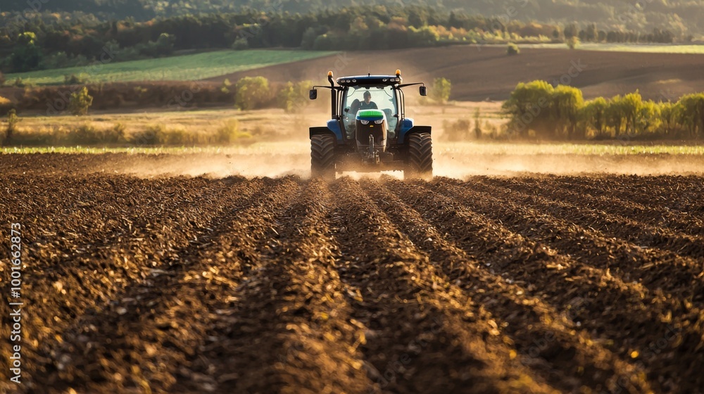 Fototapeta premium Tractor plowing field during planting season. A tractor cultivator cultivates and digs the soil