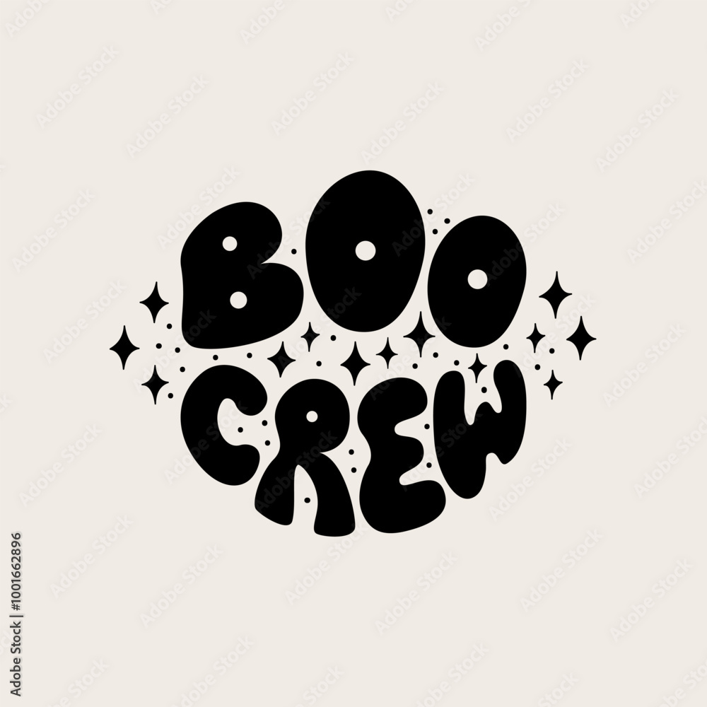 Fototapeta premium Boo crew quote in retro groovy style. Halloween hand drawn lettering illustration with stars. Holiday spooky vector inscription in hippie 1970s style