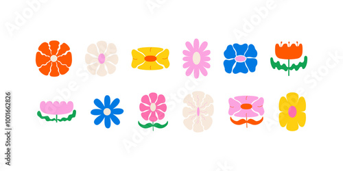 Set of various abstract psychedelic geometric flowers. Vector flat illustrations of acid daisy flower icons in retro groovy style