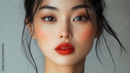 Close up portrait of a beautiful young woman with red lipstick and flushed cheeks