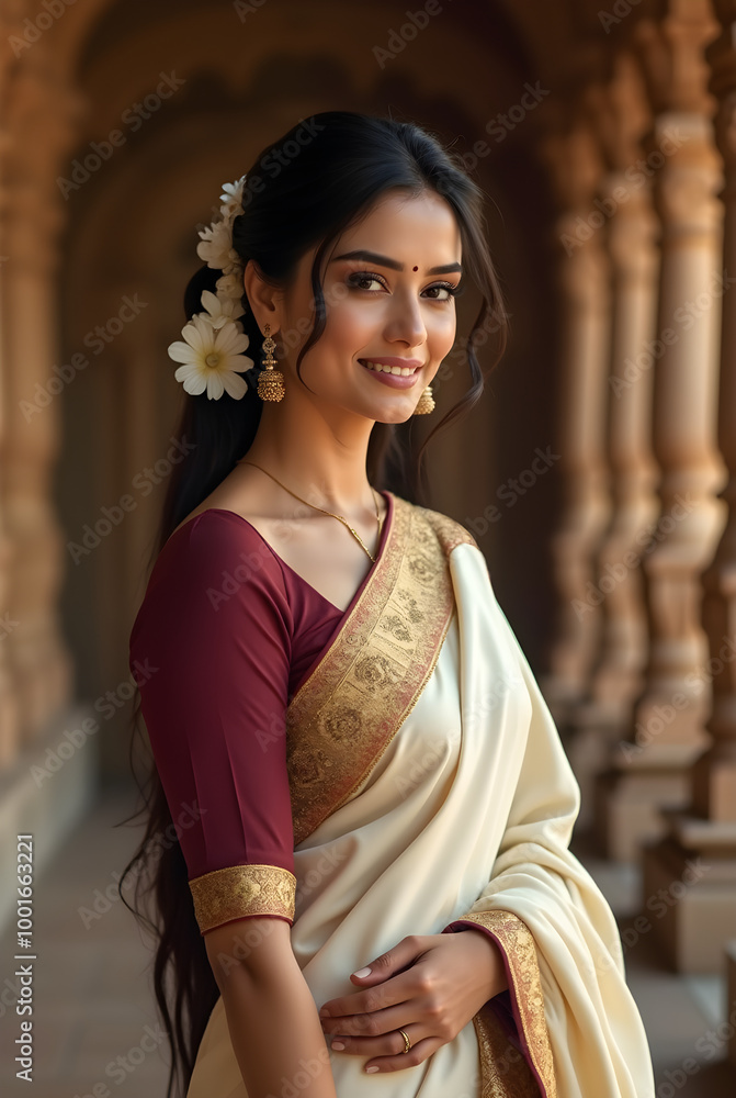Traditional Indian Woman in Saree Smiling Outdoors Traditional Indian Woman in Saree Smiling Outdoors