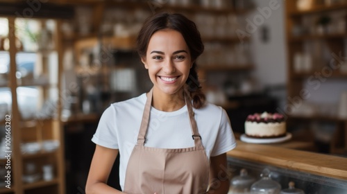 Young smiling brunette woman chef holding a homemade cake. Neural network ai generated art